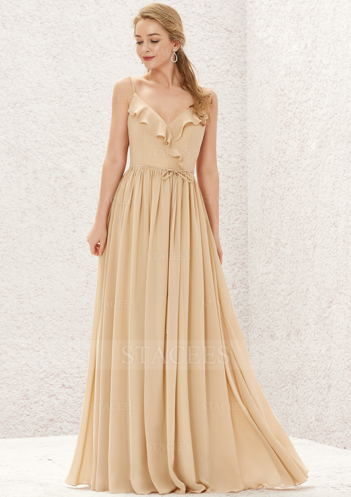 Vestido línea a escote en v gasa hasta el suelo vestido de dama de honor