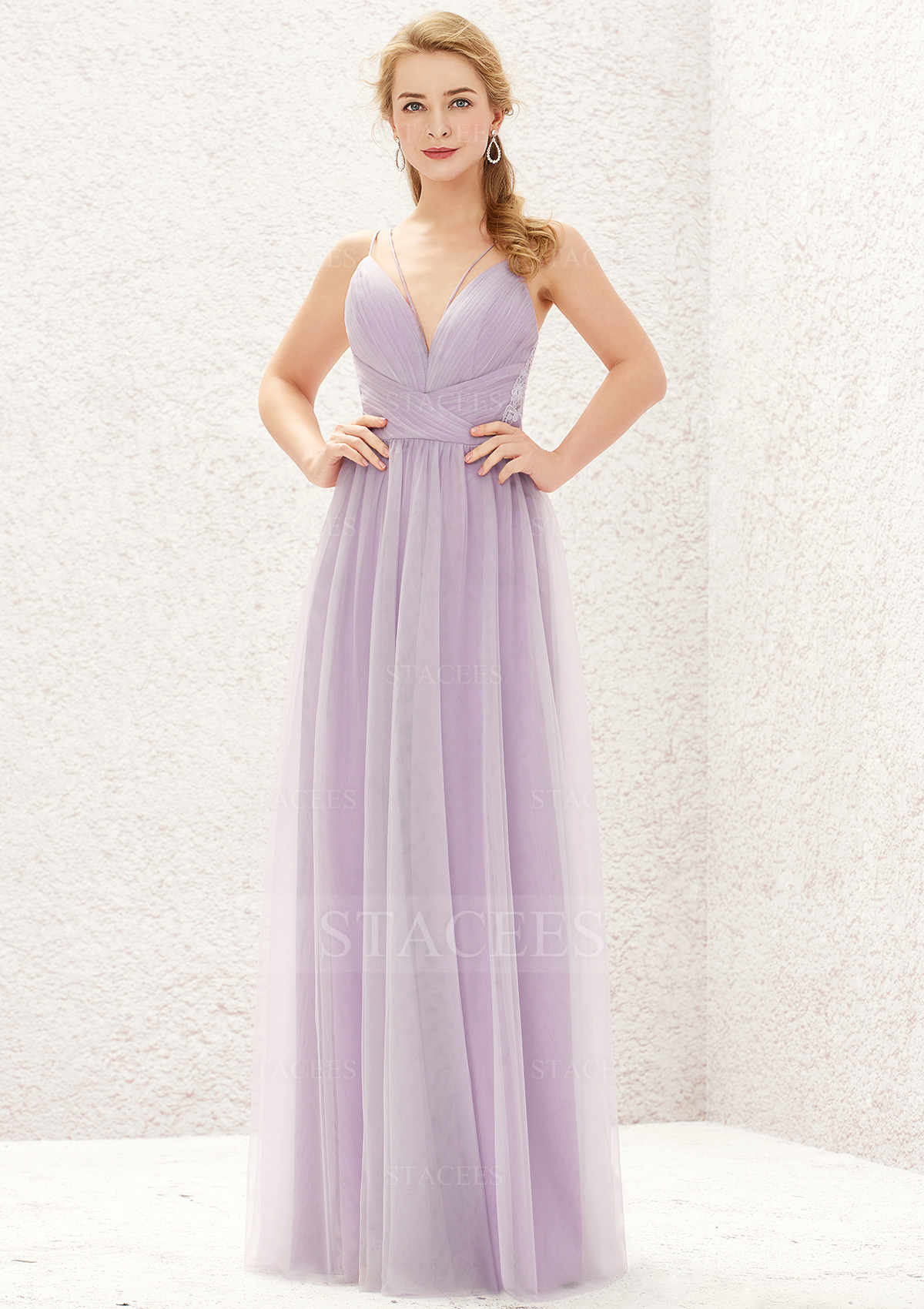 As Picture A-line V Neck Sleeveless Long/Floor-Length Tulle Bridesmaid Dress With Pleated - STACEES