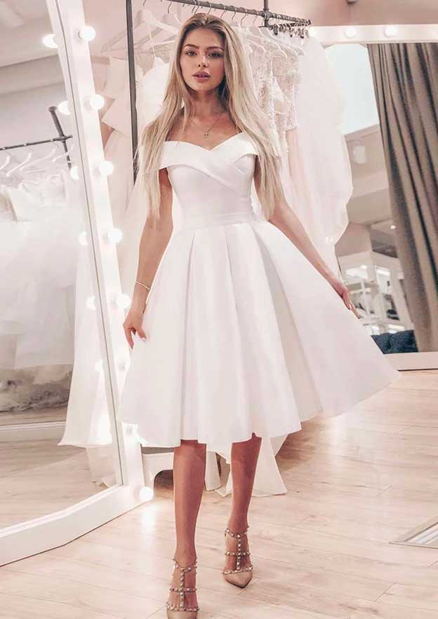 satin knee length wedding dresses A-line Off-the-Shoulder Sleeveless Knee-Length Dress short wedding dresses