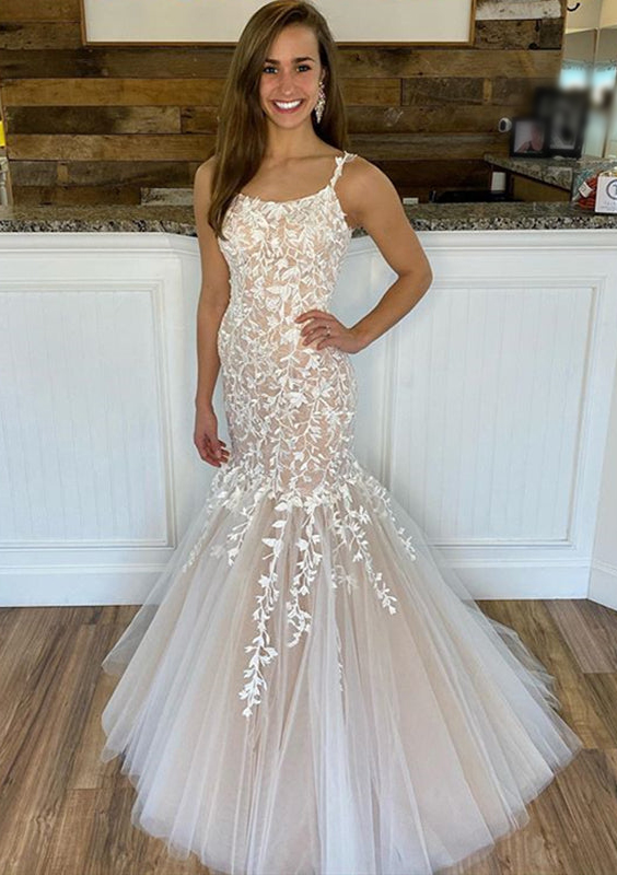 Trumpet/Mermaid Square Neckline Sleeveless Long/Floor-Length Lace Tulle Wedding Dress