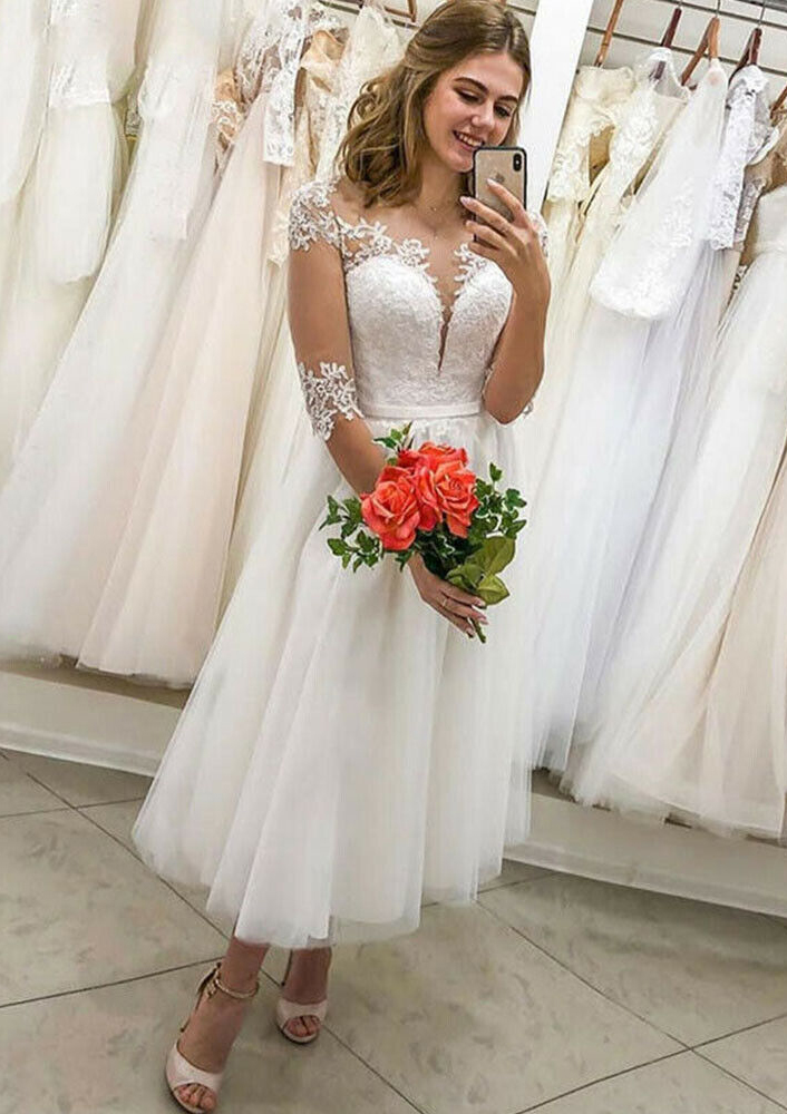 Ivory A-line Illusion Neck Half Sleeve Tea-Length Tulle Wedding Dress With Lace Waistband - STACEES