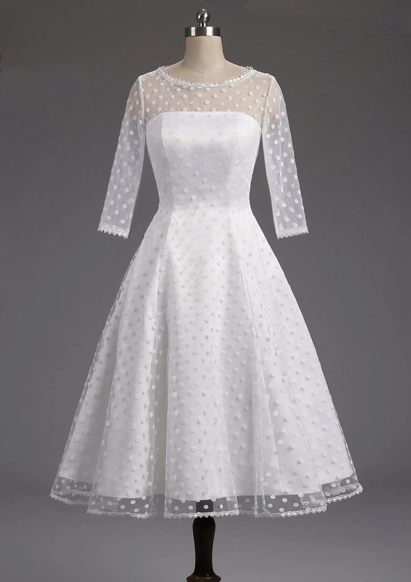Ivory A-line Bateau Full/Long Sleeve Tea-Length Tulle Wedding Dress