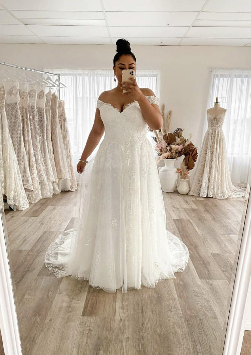 Ivory A-line Off-the-Shoulder Sleeveless Court Train Lace Tulle Wedding Dress - STACEES