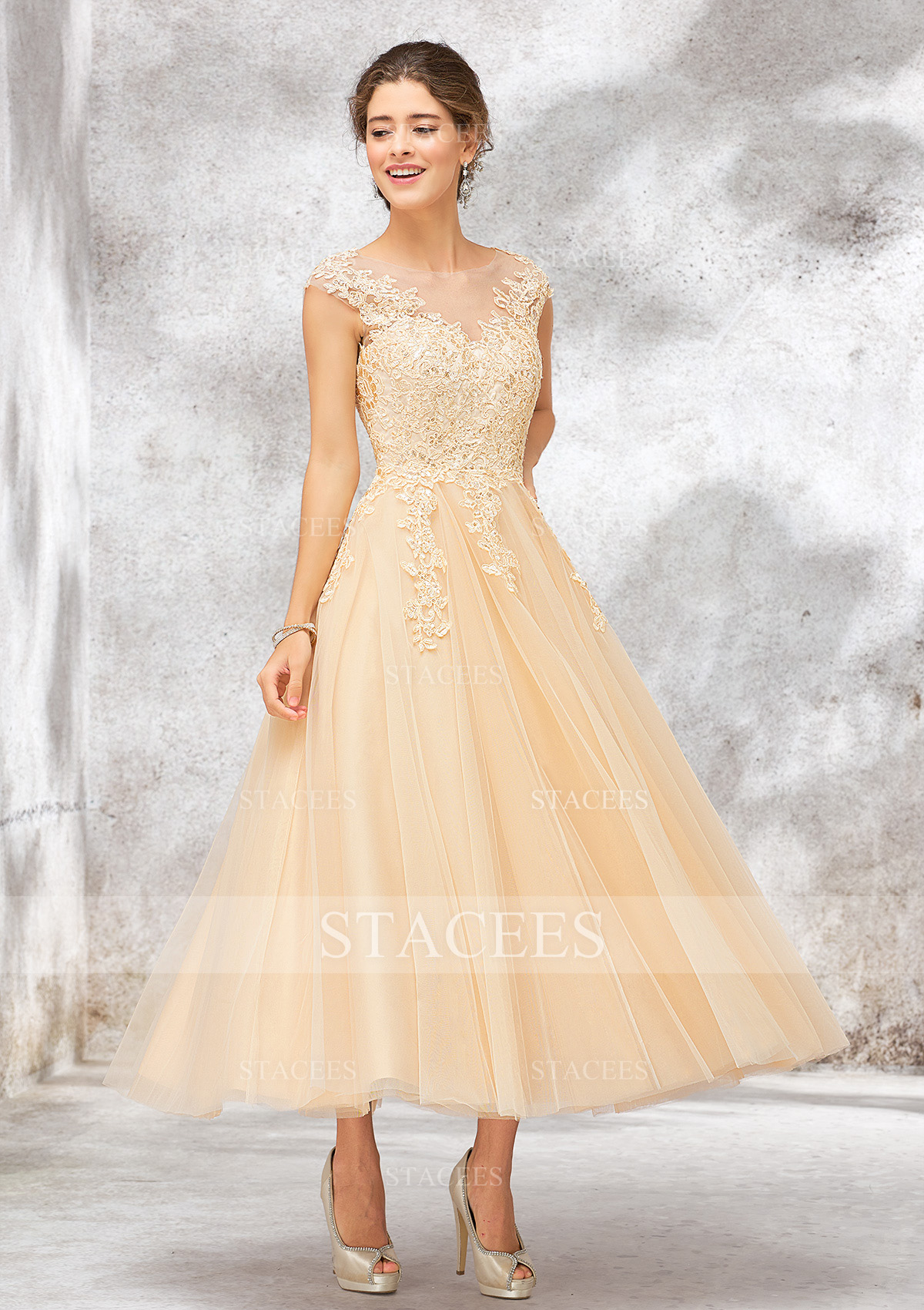 Champagne A-line Illusion Neck Sleeveless Tulle Lace Tea-Length Wedding Dress With Sequins - STACEES