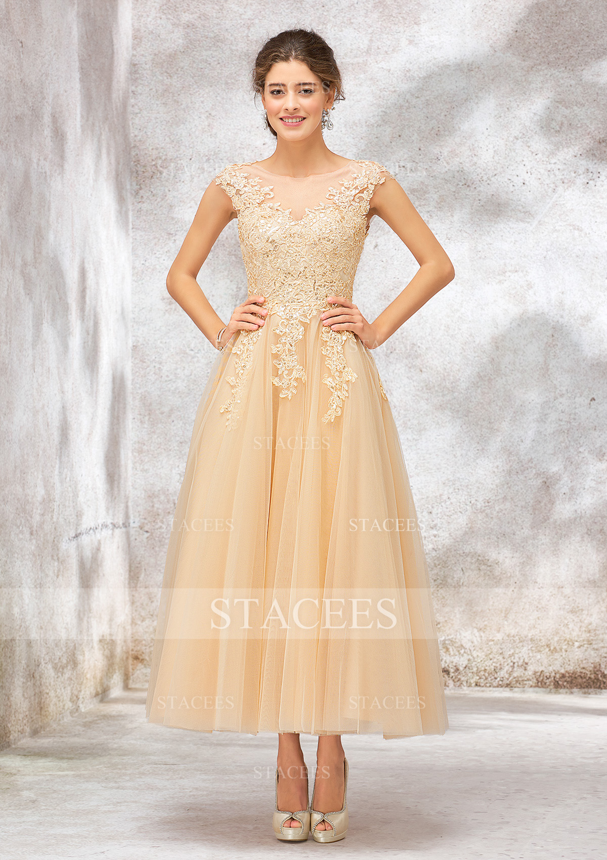 Champagne A-line Illusion Neck Sleeveless Tulle Lace Tea-Length Wedding Dress With Sequins - STACEES