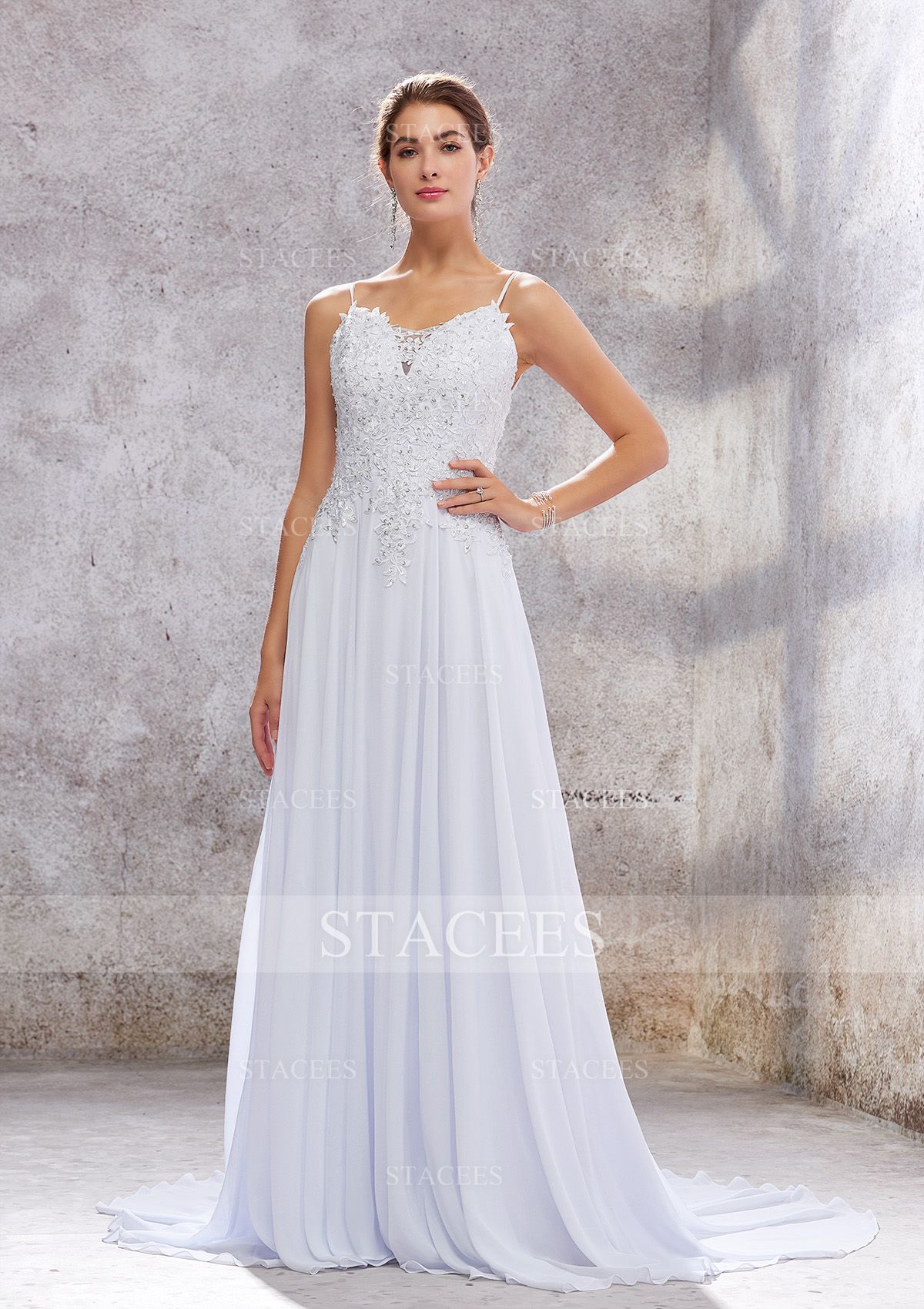White A-line Scalloped Neck Sleeveless Court Train Chiffon Wedding Dress With Appliques Sequins - STACEES