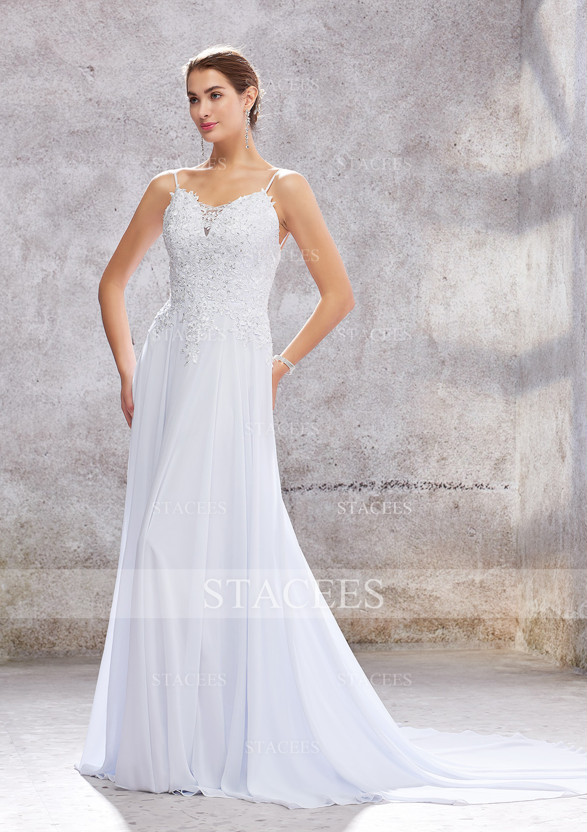 White A-line Scalloped Neck Sleeveless Court Train Chiffon Wedding Dress With Appliques Sequins - STACEES