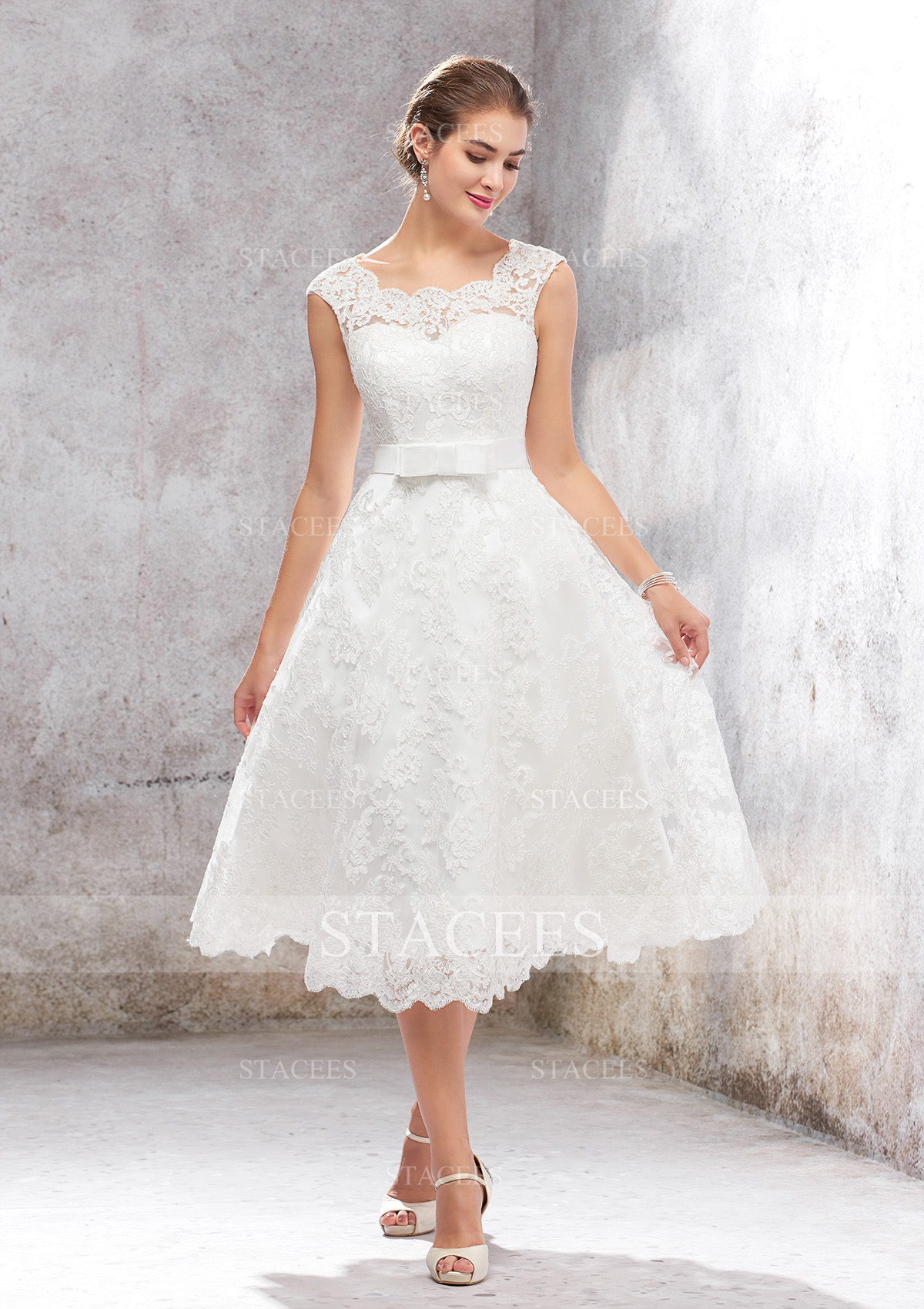 high-low tea-length corded lace wedding dress High-Low Tea-Length Corded Lace Wedding Dress