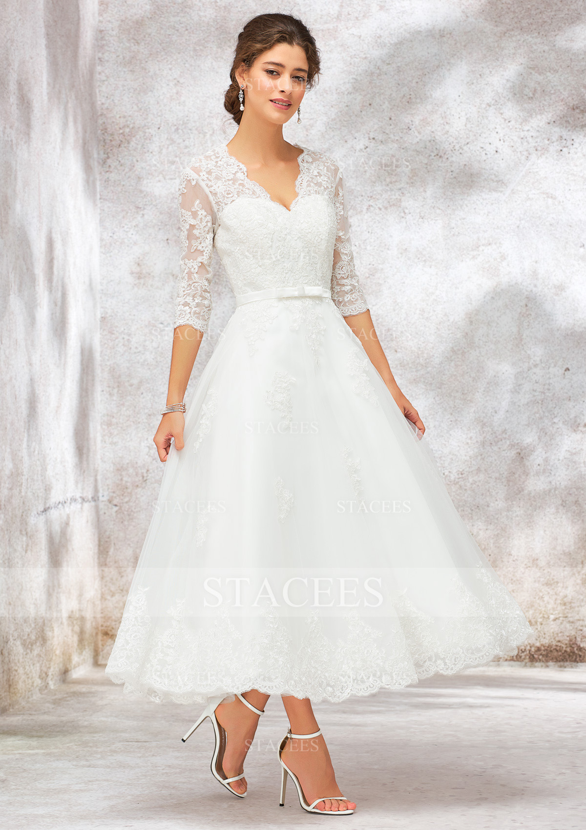 wedding dress tea length a line Stacees Wedding Dress A-line V Neck Half Sleeve Tea-Length Tulle Lace Bowknot