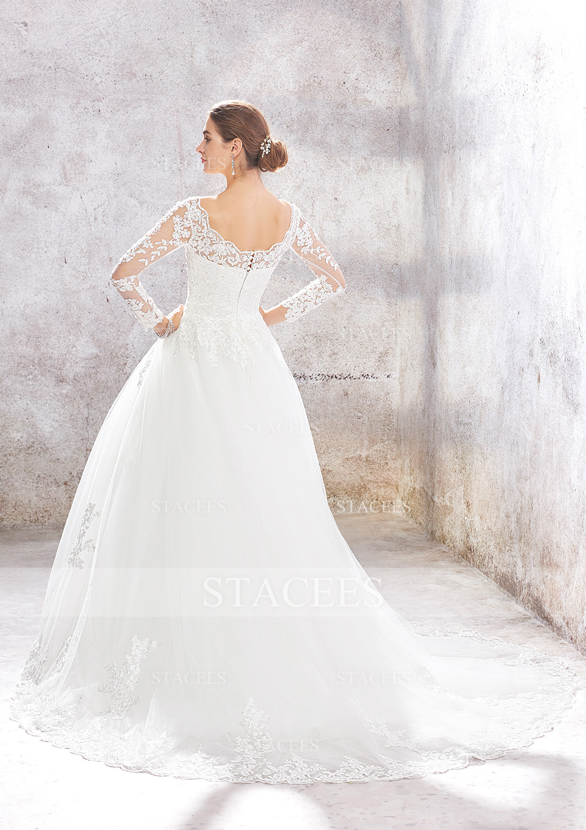 Ivory Ball Gown Princess A-line Scoop Neck Full/Long Sleeve Court Train Lace Tulle Wedding Dress With Beading Sequins - STACEES