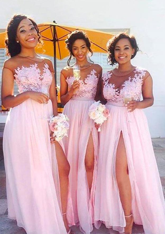 illusion neckline bridesmaid dress Stacees Prom Dress A-line Sleeveless Illusion Neck Bridesmaid Dresses Appliqued Lace Split