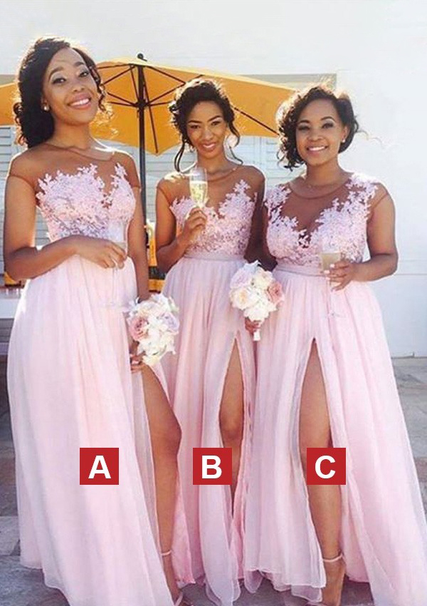 Candy Pink A-line Illusion Neck Sleeveless Long/Floor-Length Chiffon Bridesmaid Dress With Split Appliqued Lace - STACEES