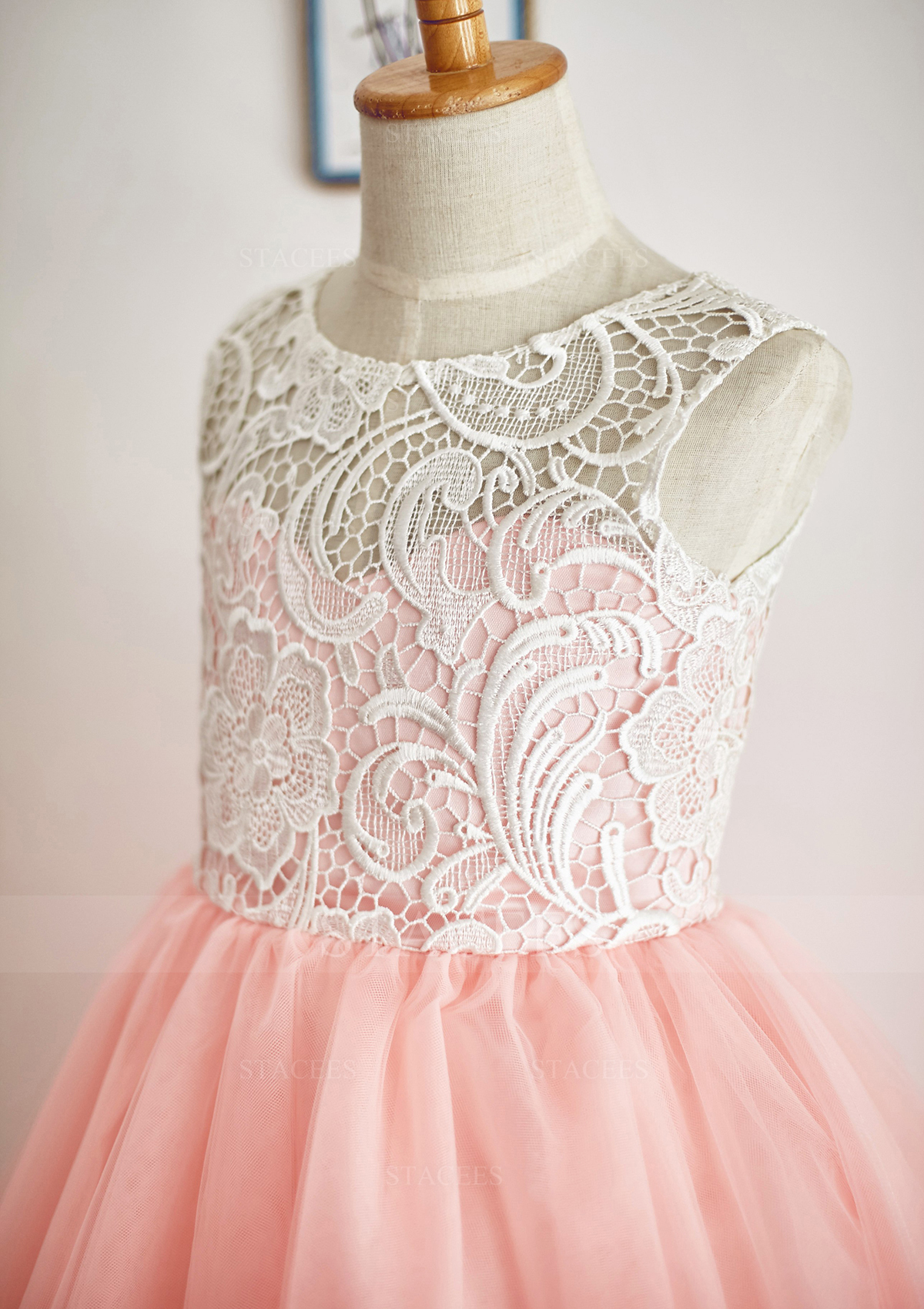 Blushing Pink Ball Gown Scoop Neck Ankle-Length Lace Tulle Flower Girl Dress - STACEES