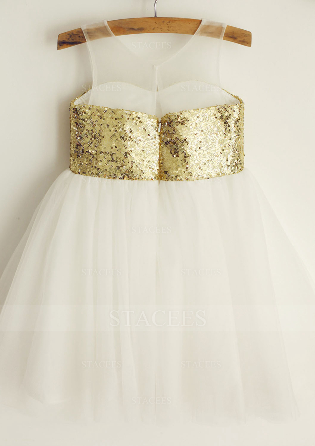 Ivory Beautiful Princess Illusion Neck Knee-Length Tulle Sequined Flower Girl Dress - STACEES