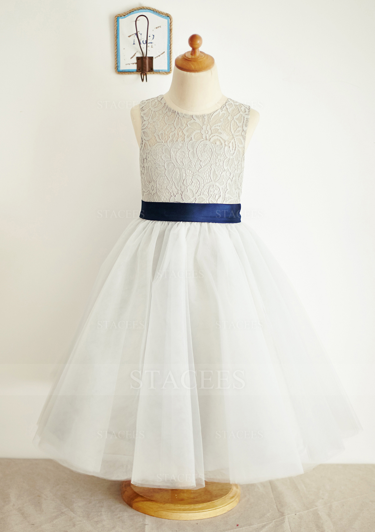 A-line/Princess Scoop Neck Ankle-Length Lace Tulle Flower Girl Dress With Bowknot Sashes