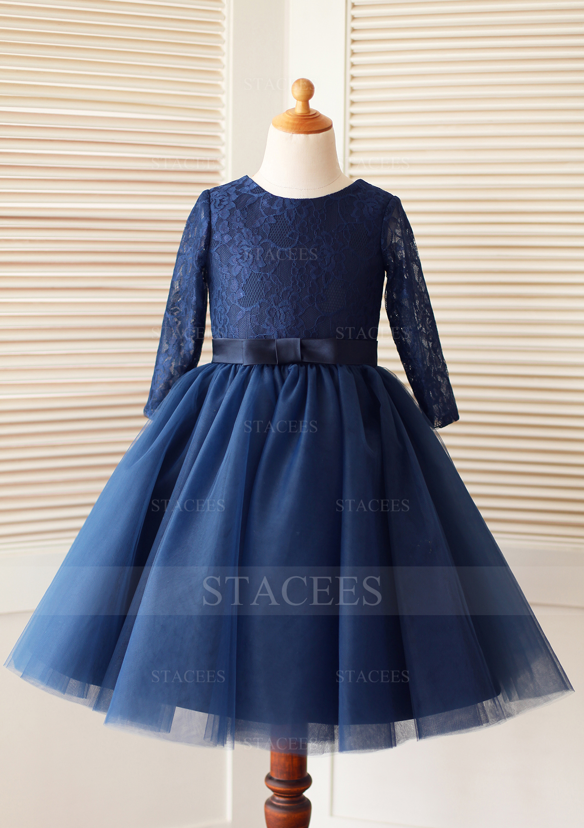 A-line/Princess 3/4 Sleeve Scoop Neck Ankle-Length Lace Tulle Flower Girl Dress With Bowknot