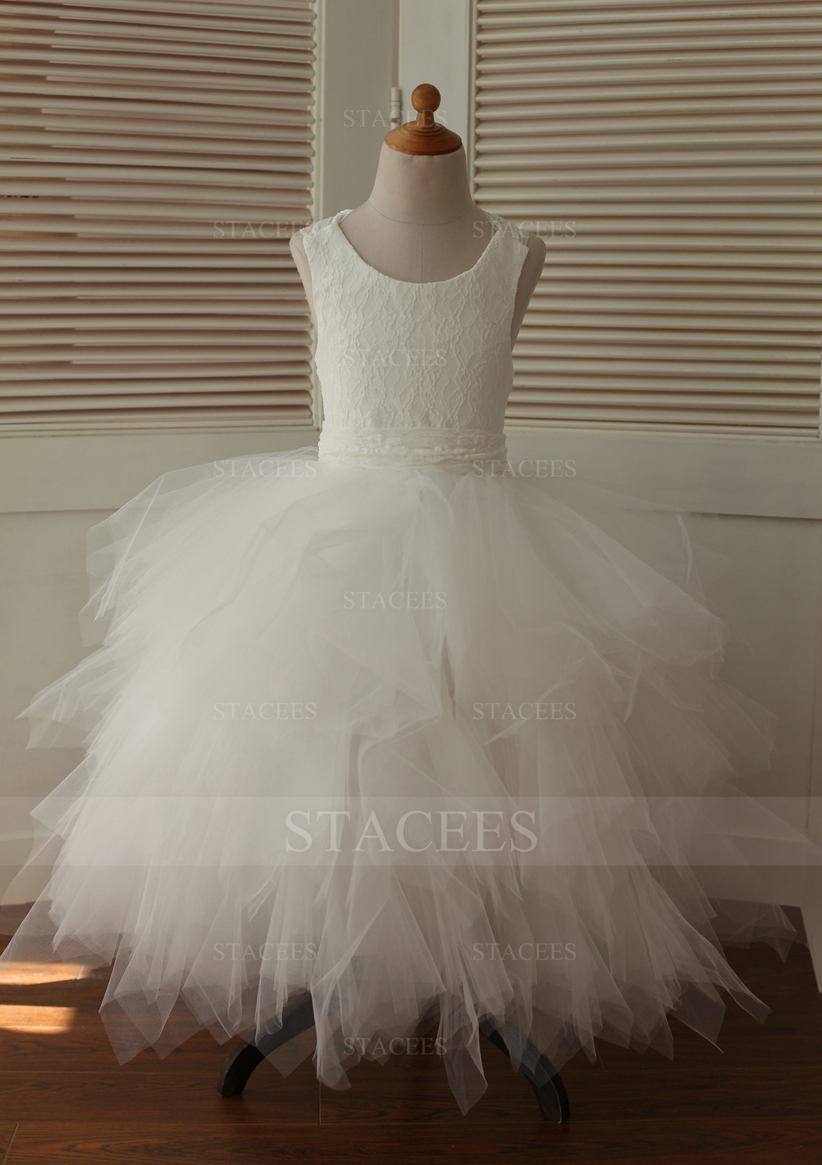 Trapèze/Princesse scoop dentelle tulle asymétrique robe de fille de fleur 