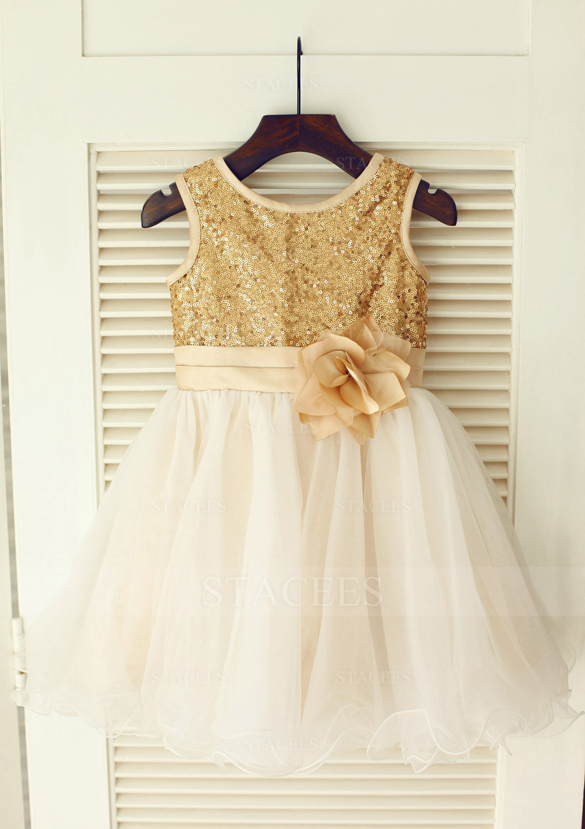 Marfil Vestido línea a/princesa escote redondo tul lentejuelas hasta la rodilla vestido de pajecitas - STACEES