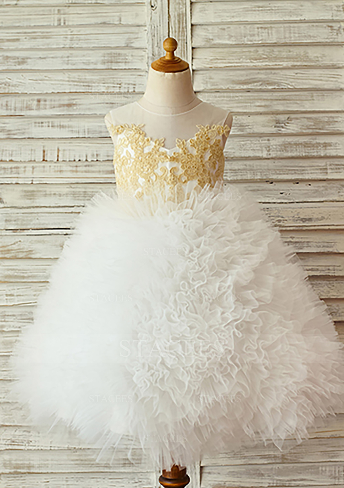 Blanco Vestido de gala escote ilusión encaje tul hasta la rodilla vestido de pajecitas - STACEES