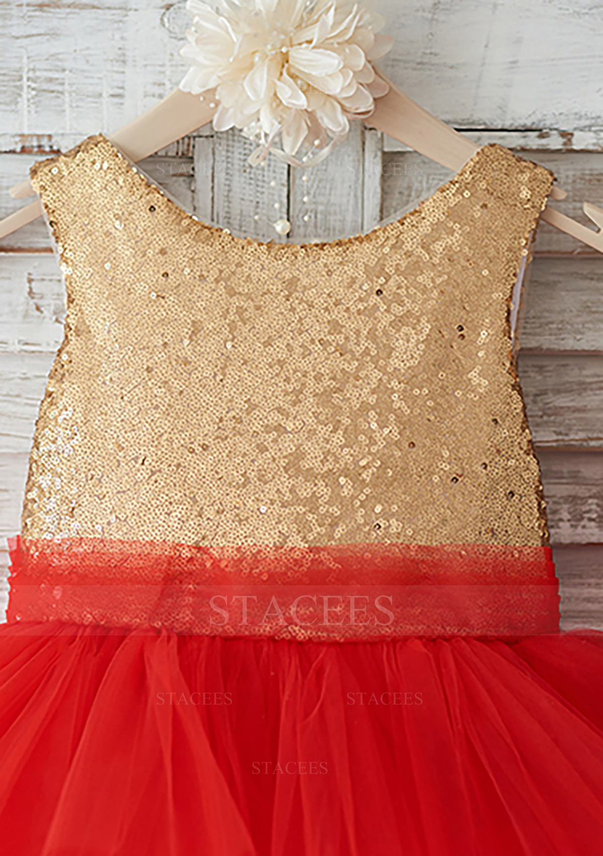 Red Ball Gown Scoop Neck Knee-Length Tulle Sequined Flower Girl Dress With Bowknot - STACEES