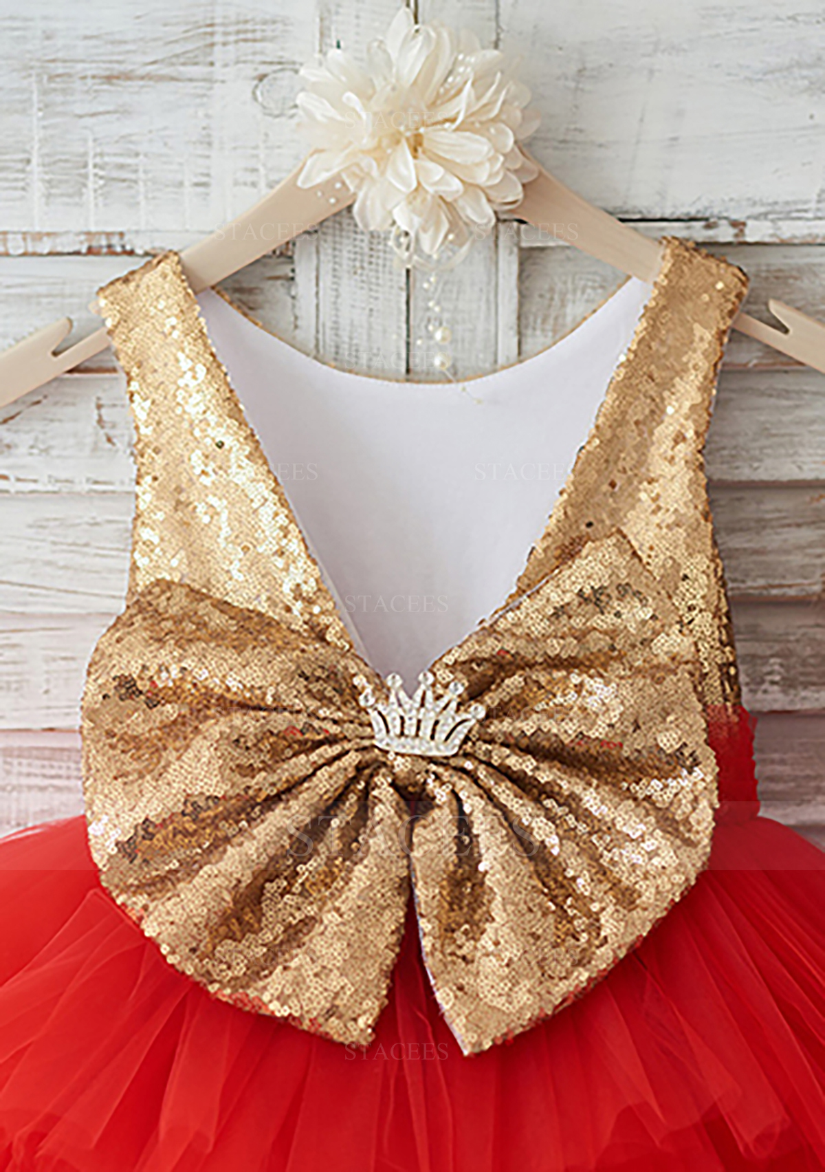 Red Ball Gown Scoop Neck Knee-Length Tulle Sequined Flower Girl Dress With Bowknot - STACEES