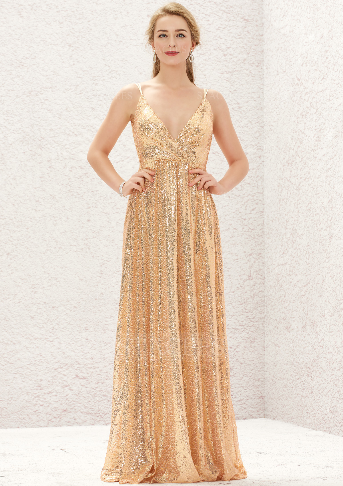 A-line Empire V Neck Sleeveless Long/Floor-Length Sequined Bridesmaid Dress With Lace Pleated