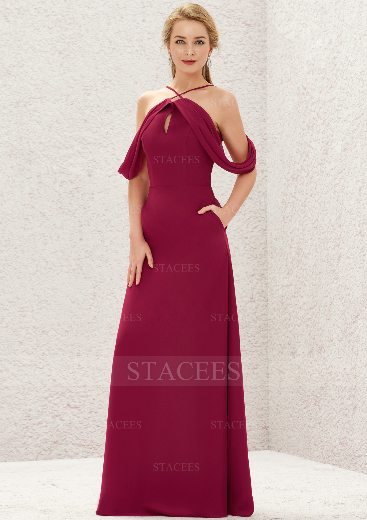 A-line Scalloped Neck Sleeveless Chiffon Long/Floor-Length Bridesmaid Dress With Pockets