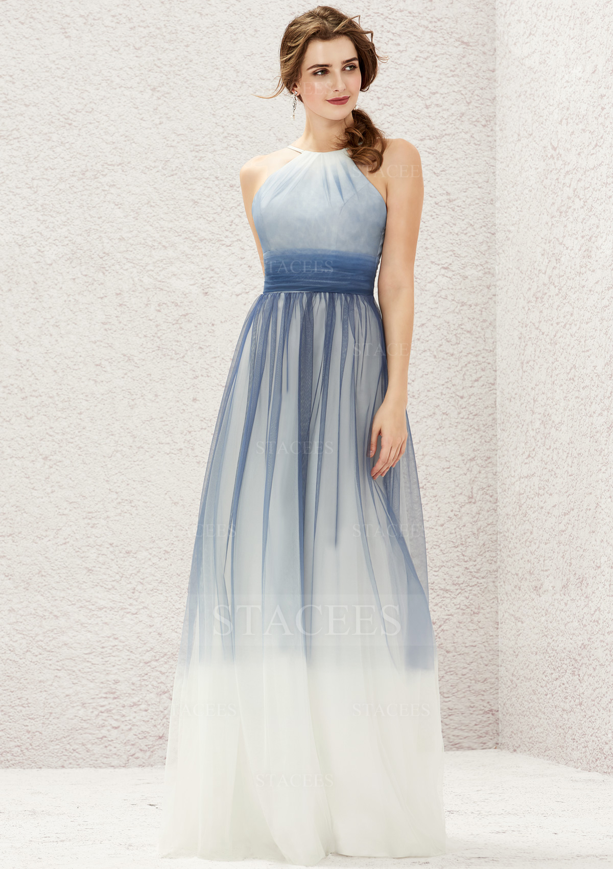 Como en la foto Vestido línea a cuello halter tul satén hasta el suelo vestido de dama de honor - STACEES