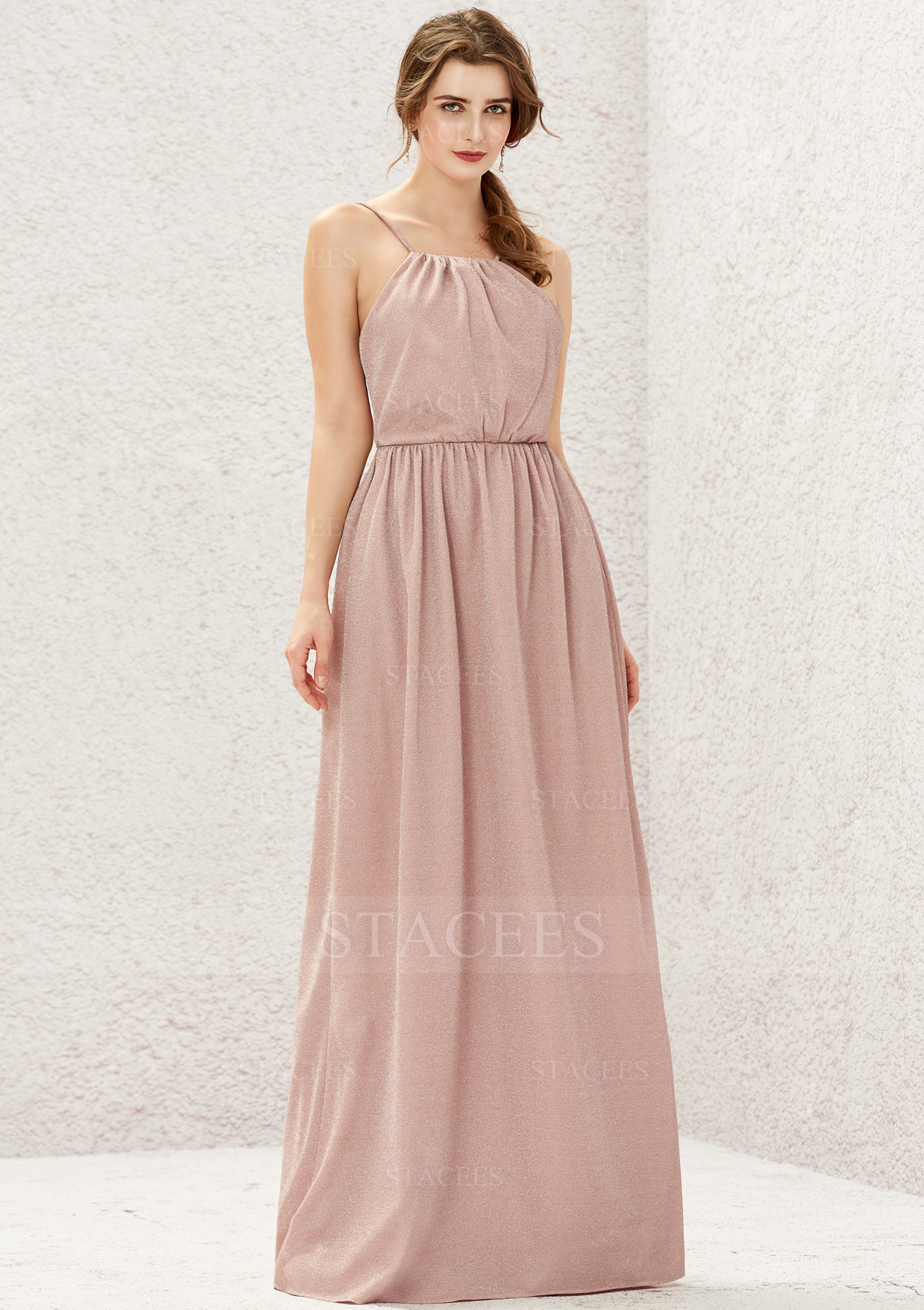 A-line Halter Sleeveless Long/Floor-Length Jersey Bridesmaid Dress With Pleated