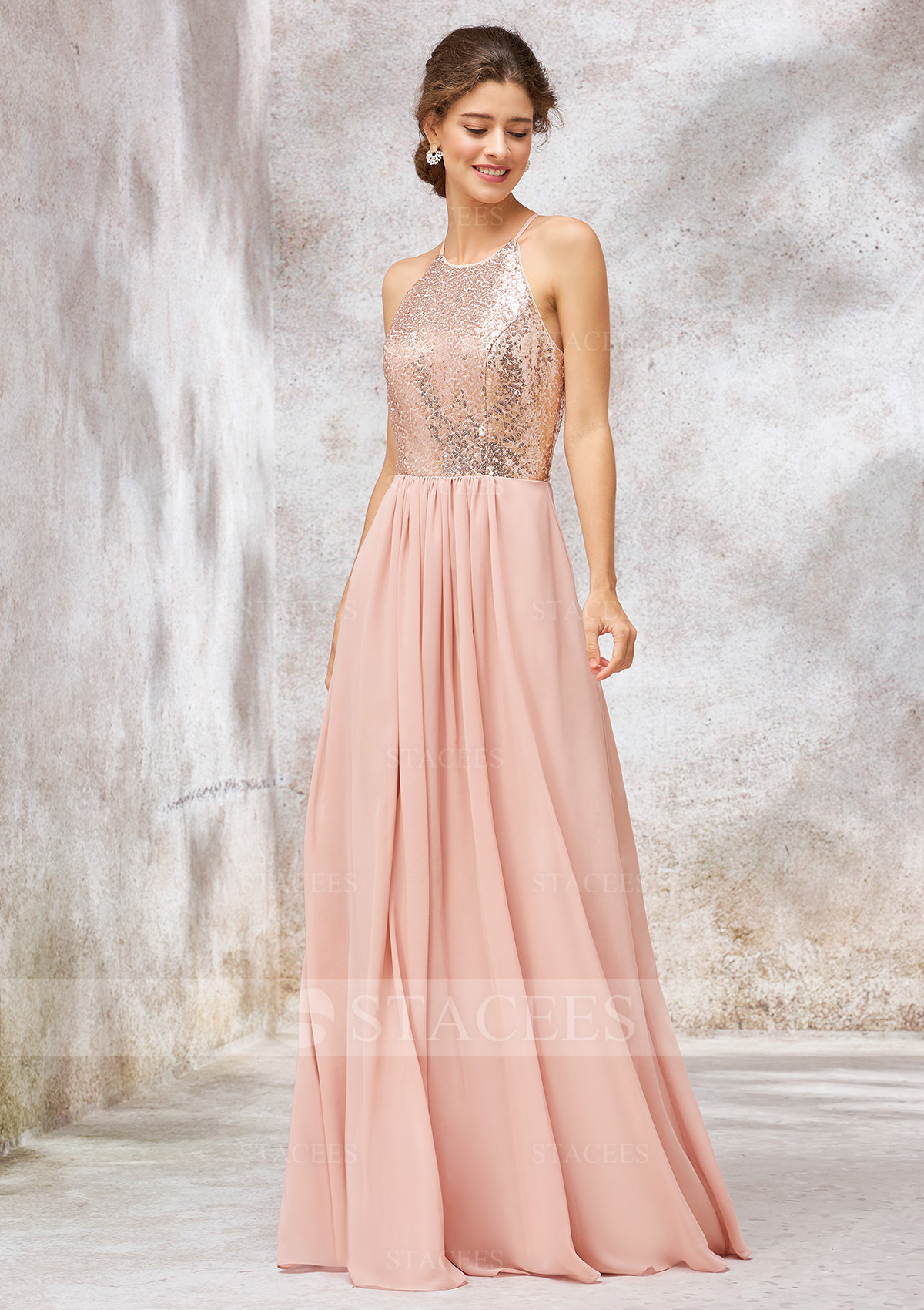 Rose Pale Robe trapèze scoop mousseline paillettes longueur ras du sol robe de demoiselle d'honneur - STACEES