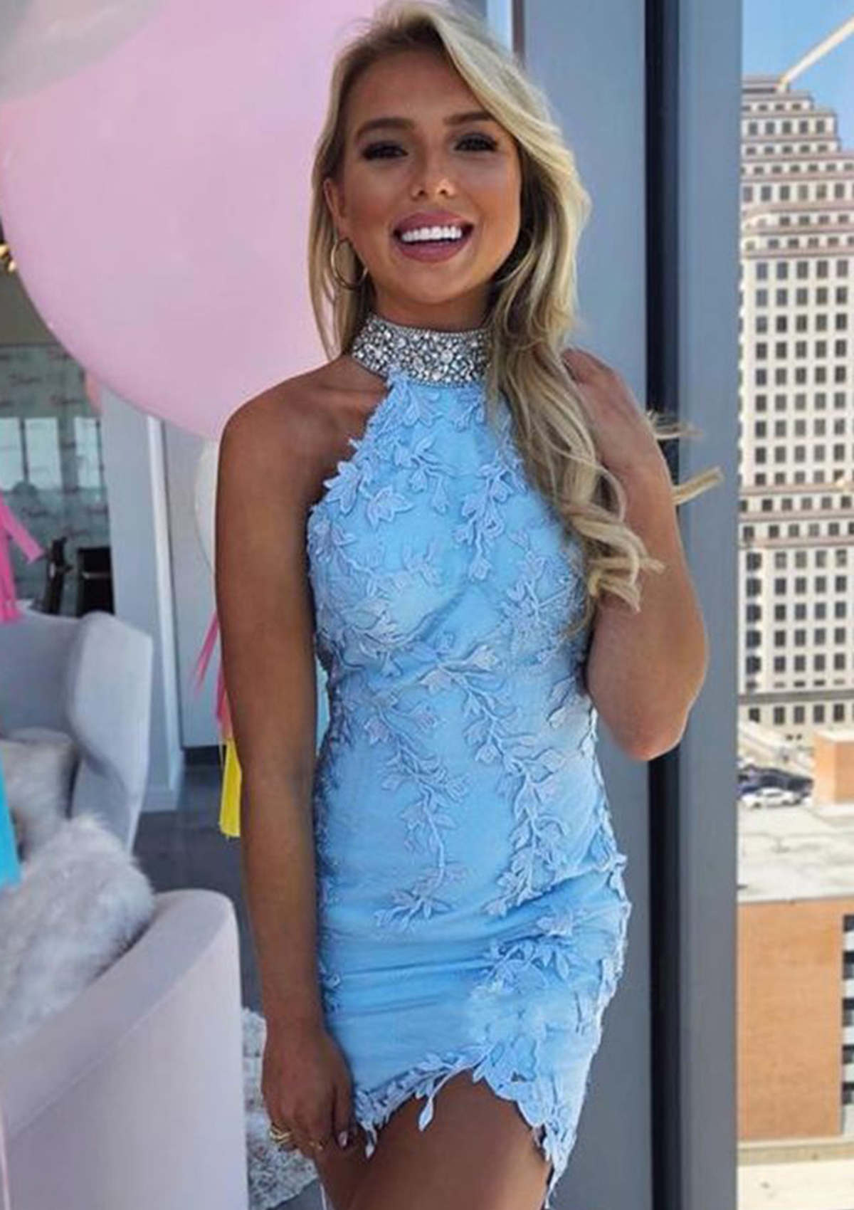 Sheath/Column High-Neck Sleeveless Satin Short/Mini Homecoming Dress With Appliqued Beading Lace