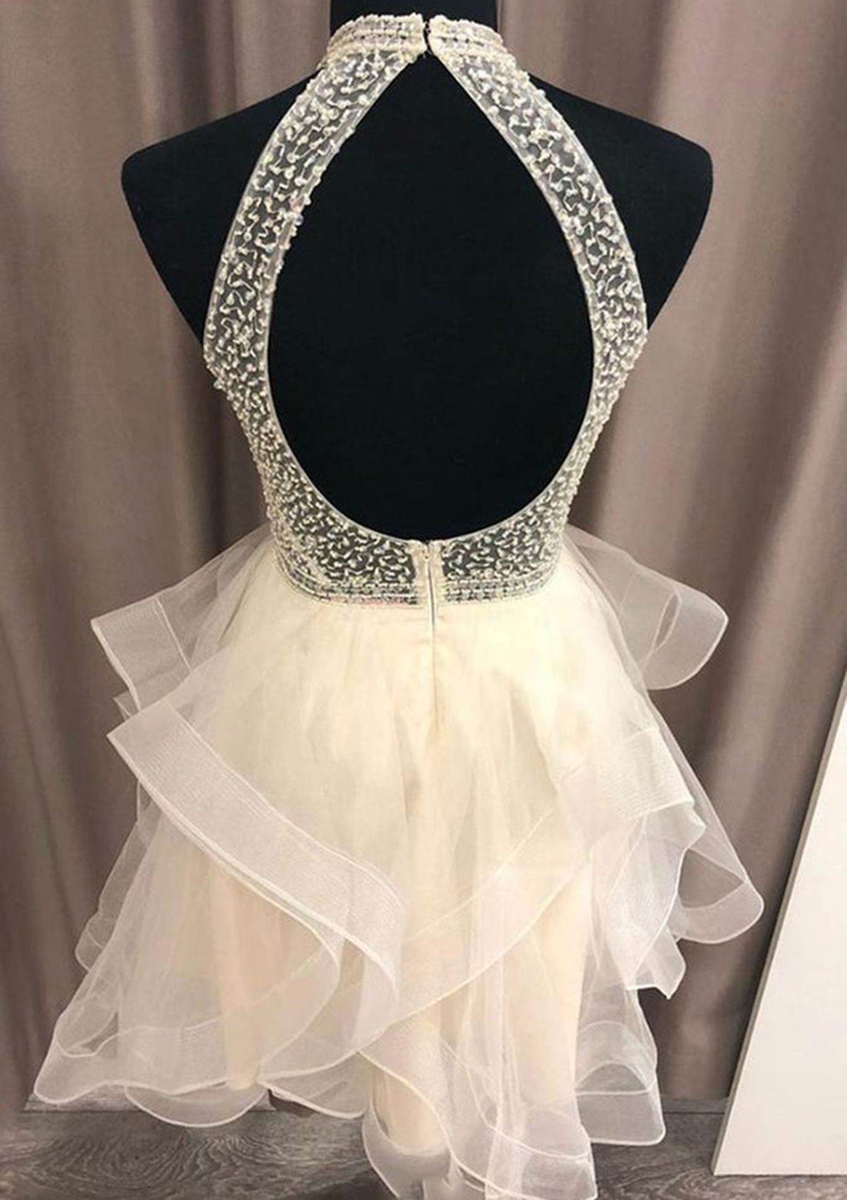 Ivory A-line High-Neck Sleeveless Organza Short/Mini Homecoming Dress With Beading - STACEES
