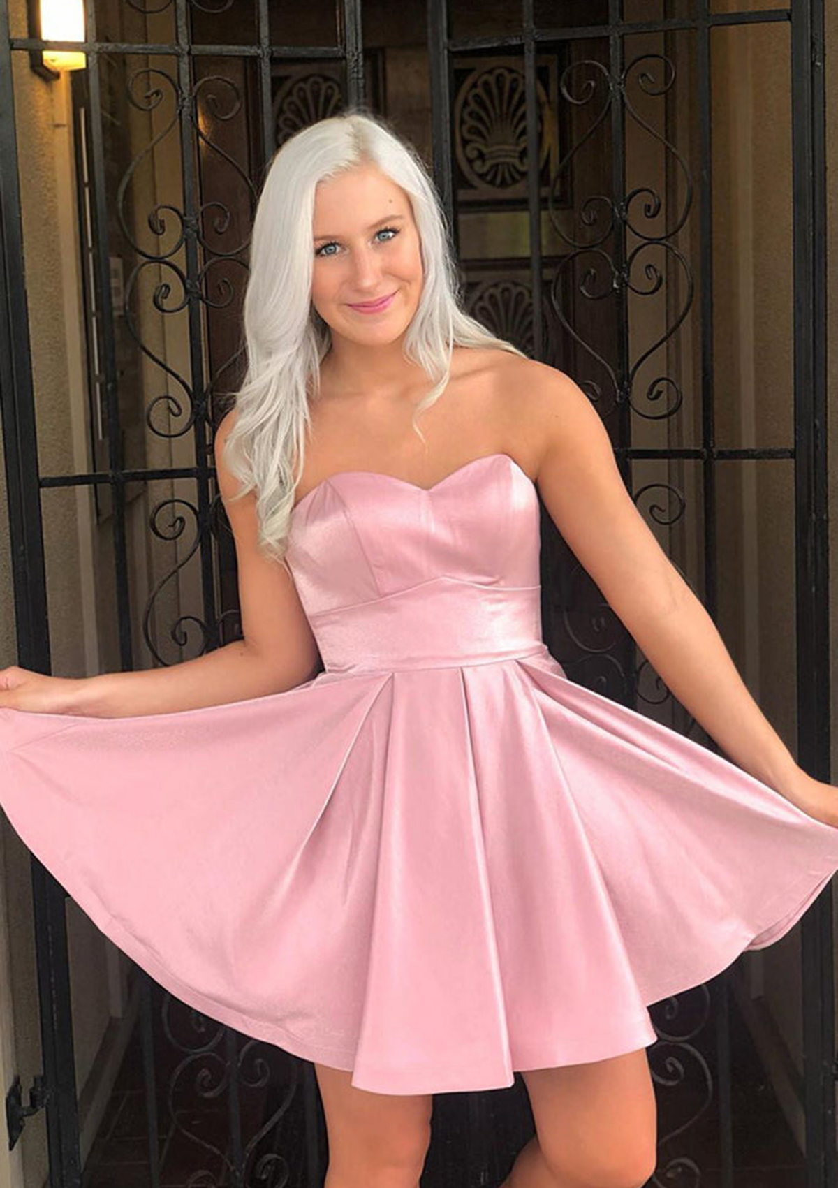Blushing Pink A-line Sweetheart Short/Mini Satin Homecoming Dress With Ruffles - STACEES