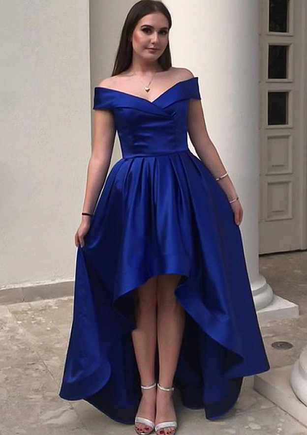A-line Off-the-Shoulder Sleeveless Satin Asymmetrical Homecoming Dress With Ruffles