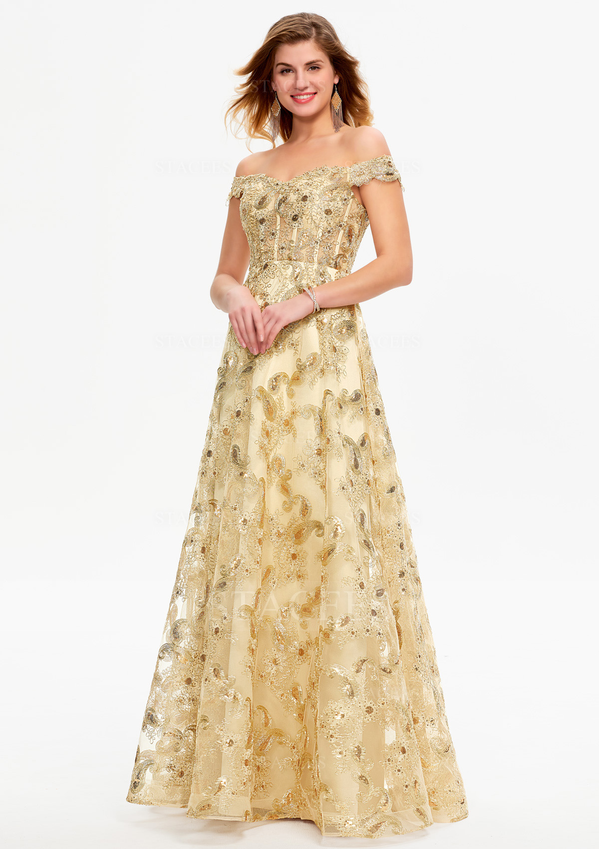 Trapèze épaule dénudée lace satin long/ras du sol robe de bal avec sequins glitter