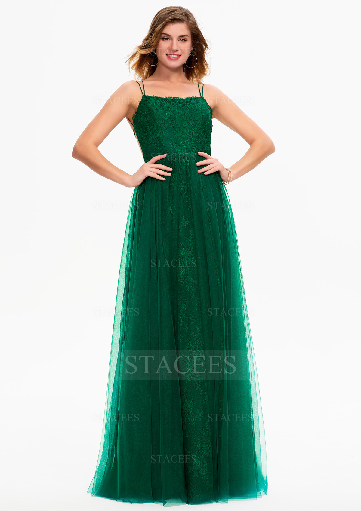 Vert Foncé Robe trapèze carrée dentelle tulle longueur ras du sol robe de bal - STACEES