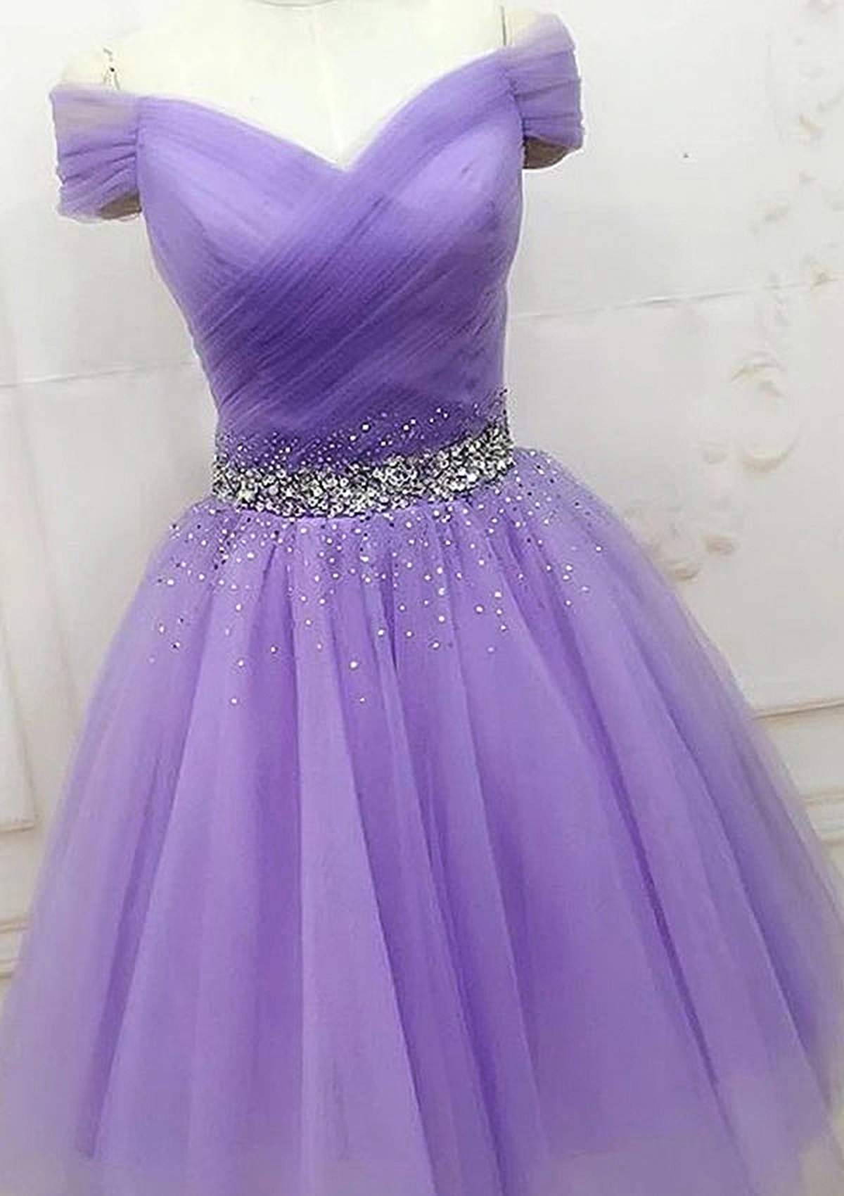 As Picture A-line Off-the-Shoulder Sleeveless Tulle Short/Mini Homecoming Dress With Pleated Beading - STACEES