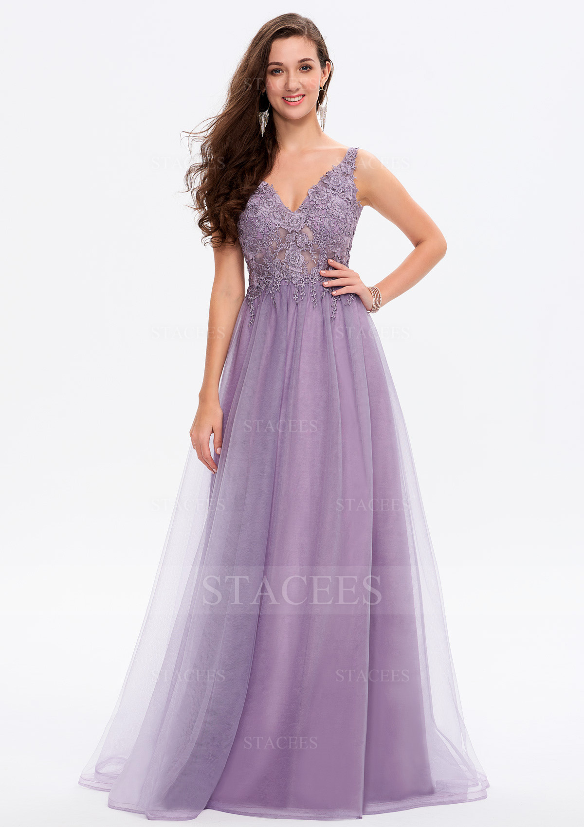 Tahiti Trapèze col en v satin tulle long/ras du sol robe de bal avec appliqué split - STACEES