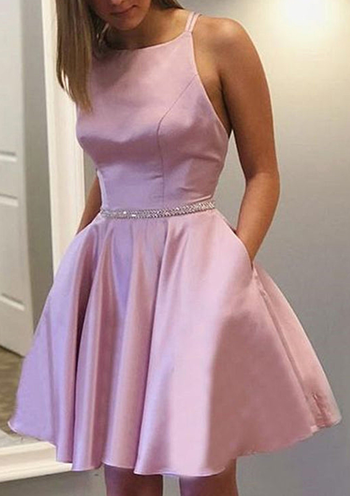 Blushing Pink A-line Bateau Sleeveless Satin Short/Mini Homecoming Dress With Beading