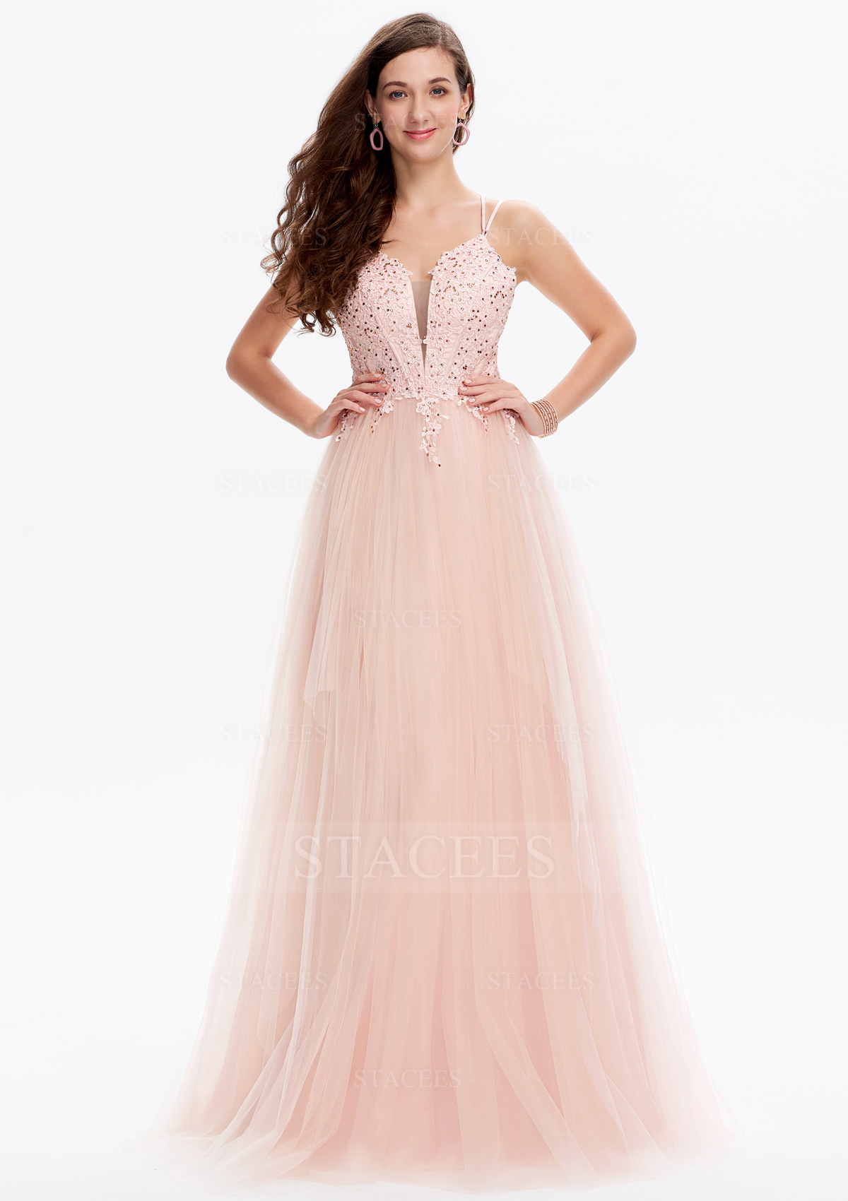 A-line Princess V Neck Sleeveless Tulle Long/Floor-Length Prom Dress With Appliqued Beading