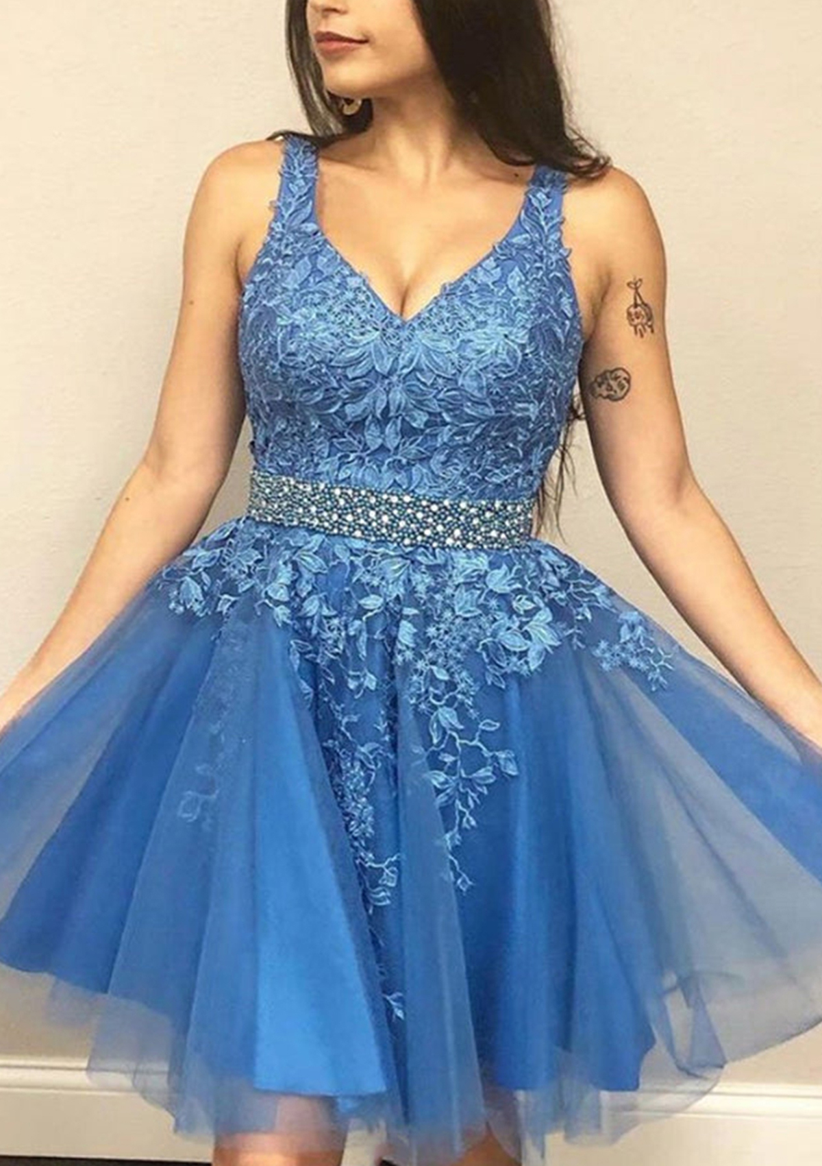 As Picture Sweet Appliqued Lace A-line Tulle Short Homecoming Dress With Beading Waist - STACEES