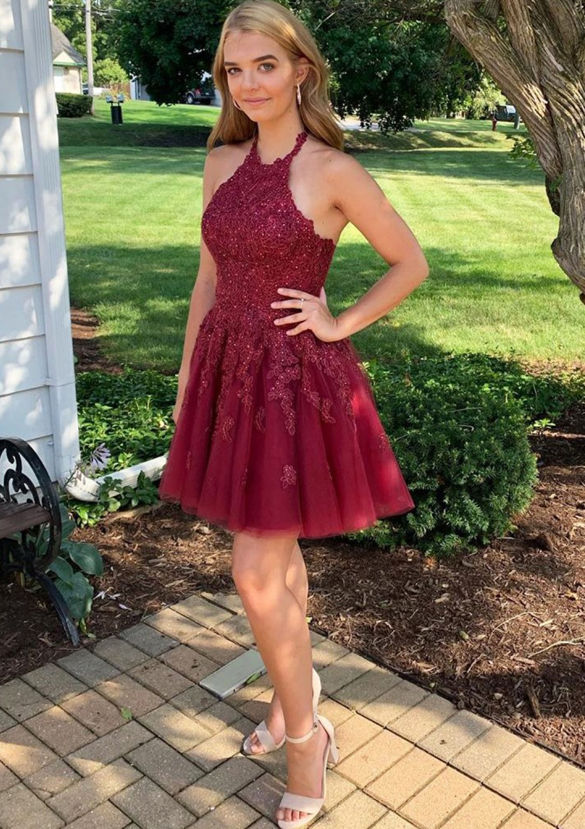 Burgundy A-line Halter Backless Lace Tulle Short/Mini Homecoming Dress With Beading - STACEES