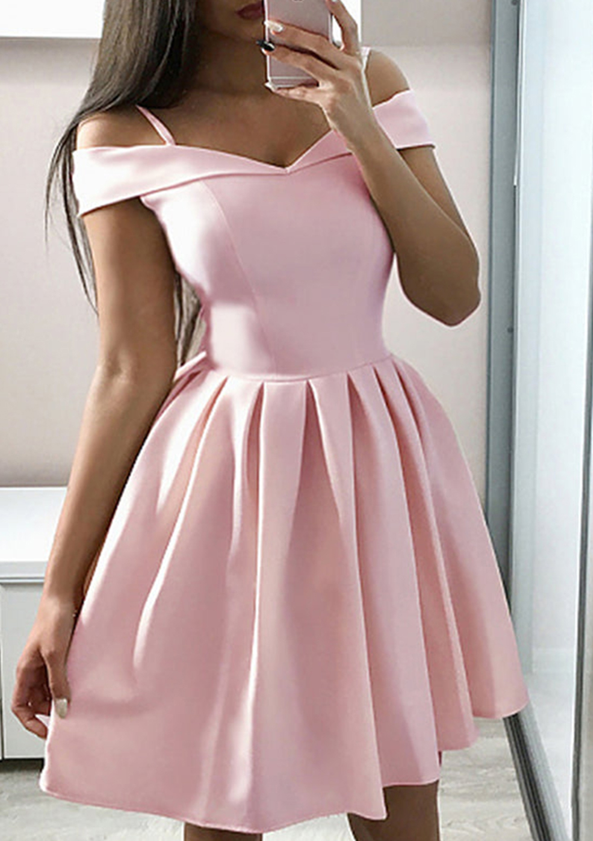 A-line Off-the-Shoulder Sleeveless Satin Short/Mini Homecoming Dress With Ruffles