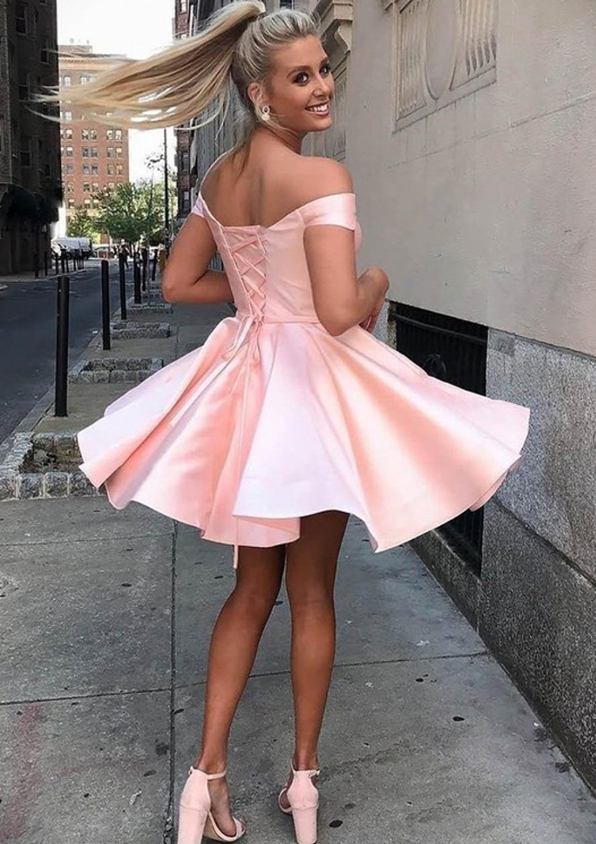 Pearl Pink A-line Off-the-Shoulder Sleeveless Satin Short/Mini Homecoming Dress With Sashes - STACEES