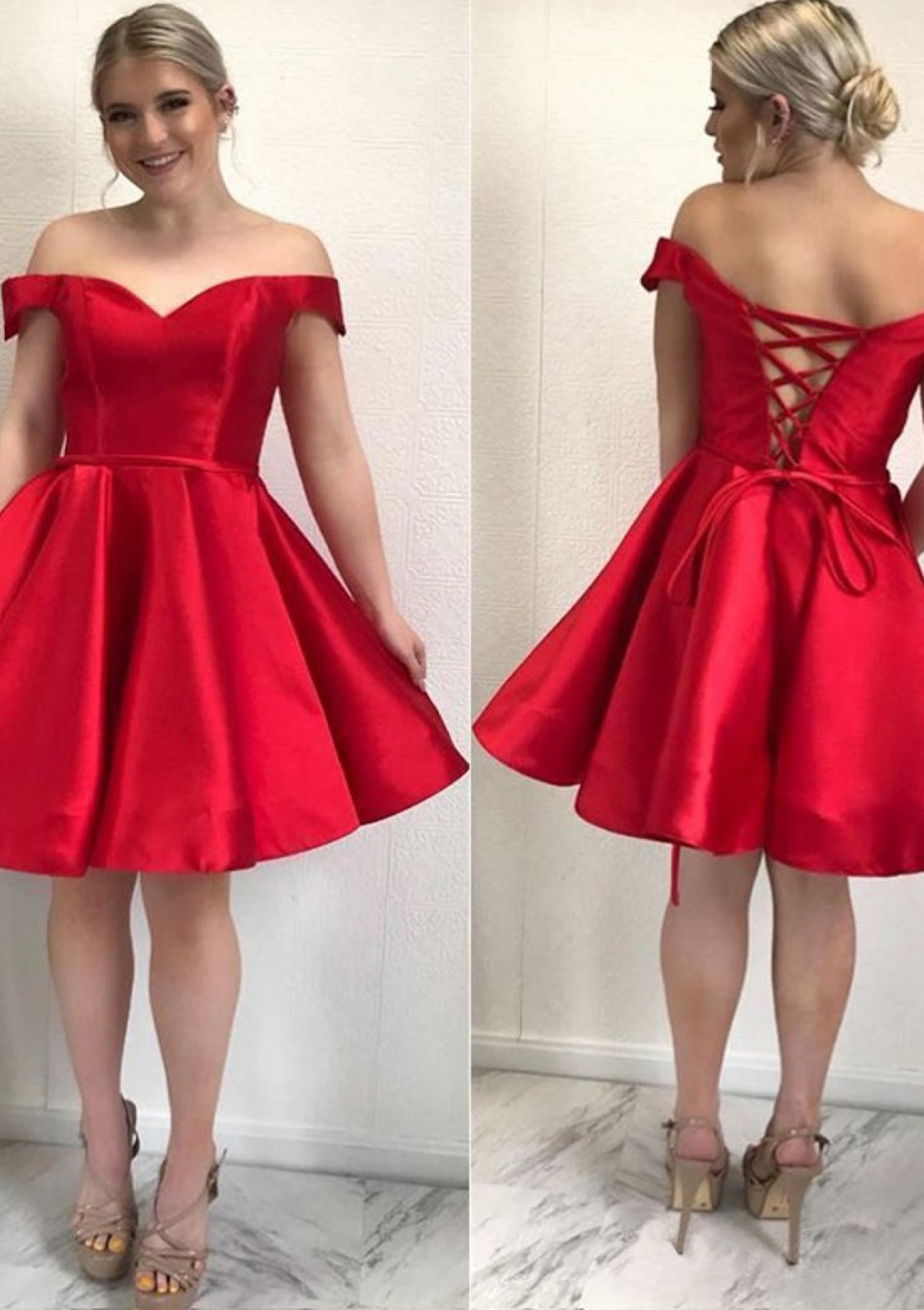Red A-line Off-the-Shoulder Sleeveless Satin Short/Mini Homecoming Dress With Sashes - STACEES