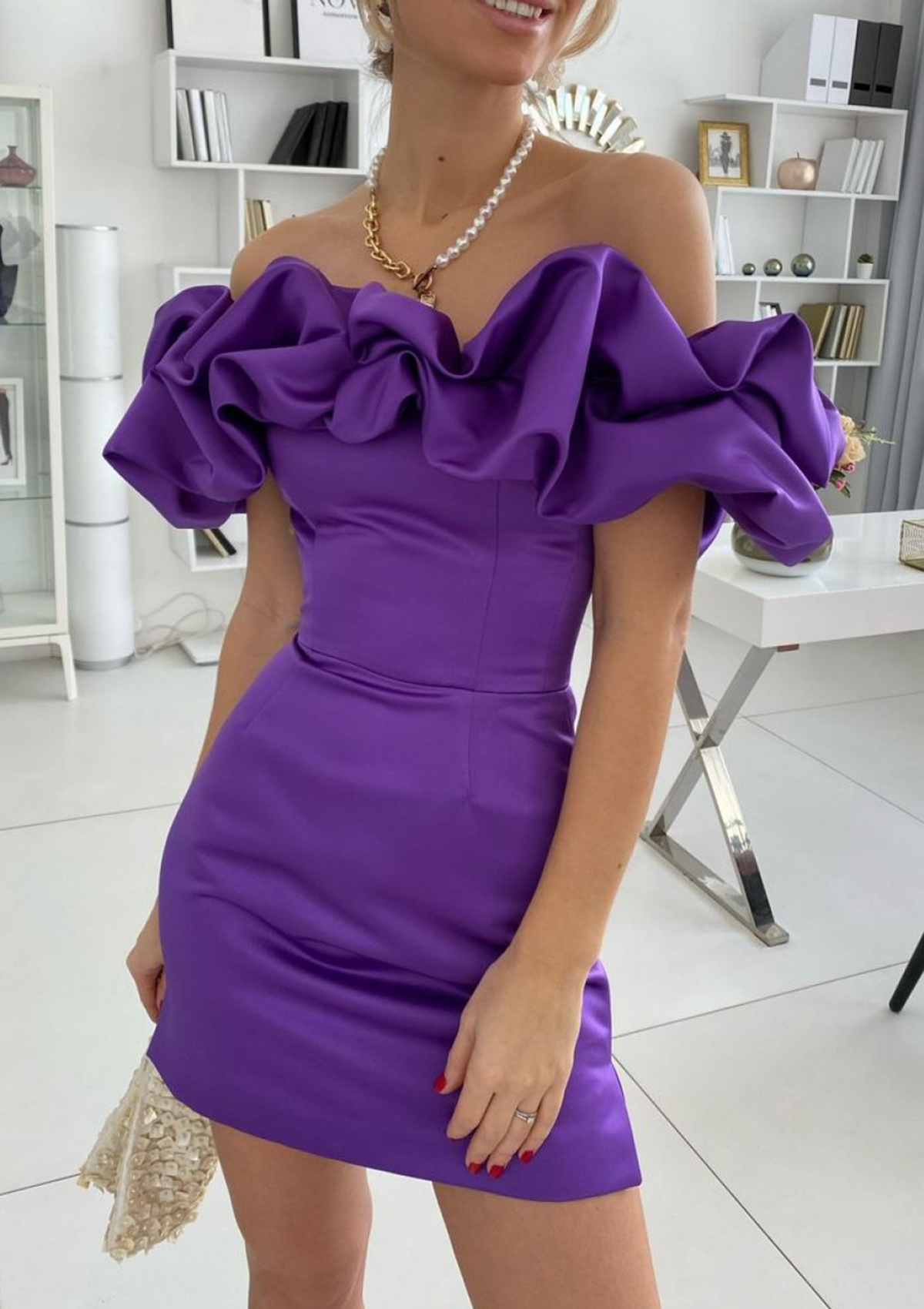 As Picture Sheath/Column Off-the-Shoulder Sleeveless Satin Short/Mini Homecoming Dress With Ruffles - STACEES
