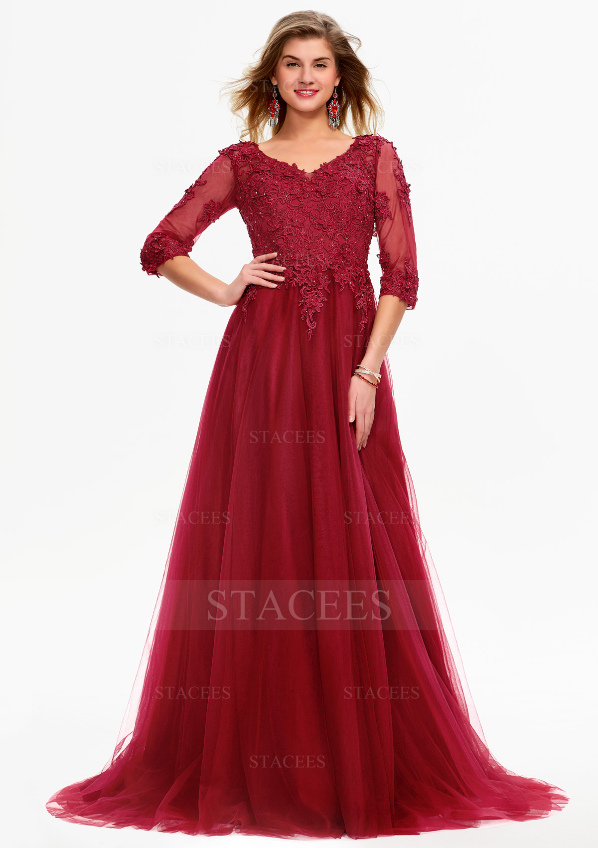 Burgundy A-line Princess Ball Gown V Neck 3/4 Sleeve Tulle Sweep Train Prom Dress With Appliqued - STACEES