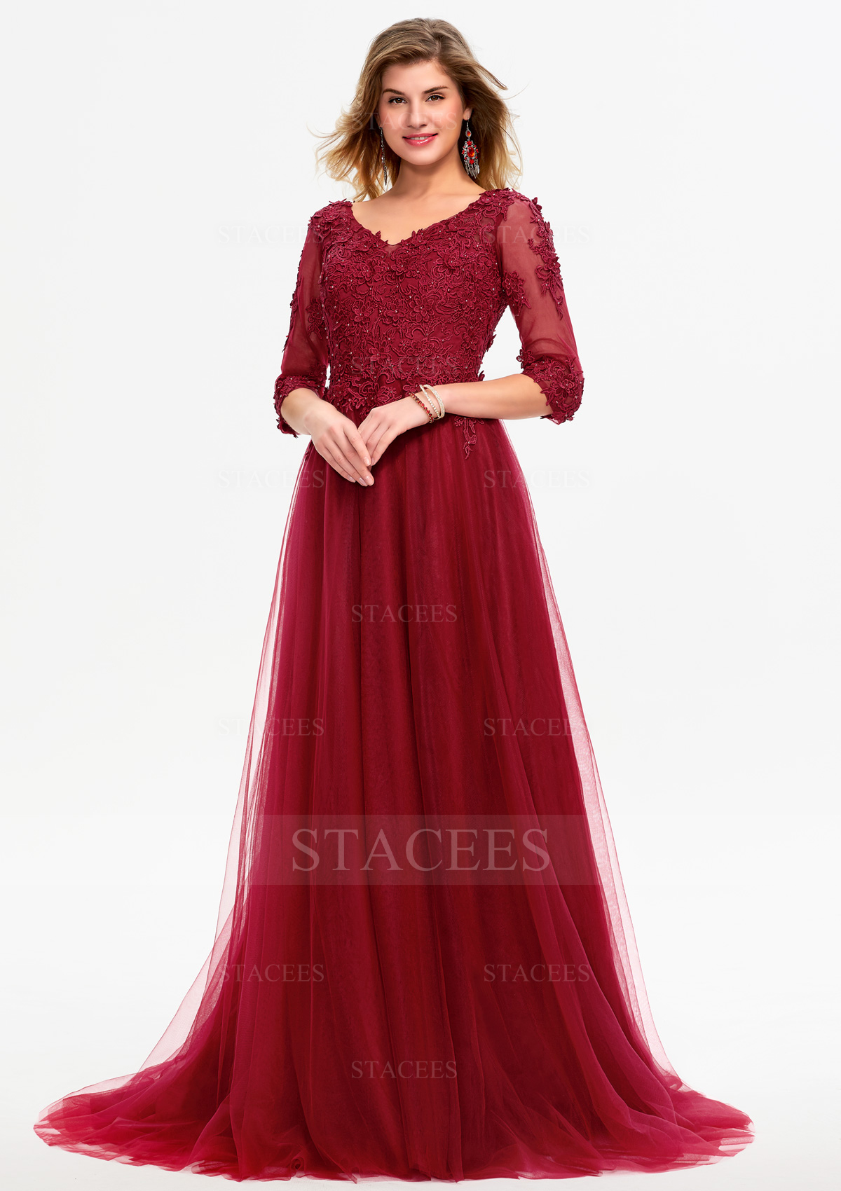 Burgundy A-line Princess Ball Gown V Neck 3/4 Sleeve Tulle Sweep Train Prom Dress With Appliqued - STACEES