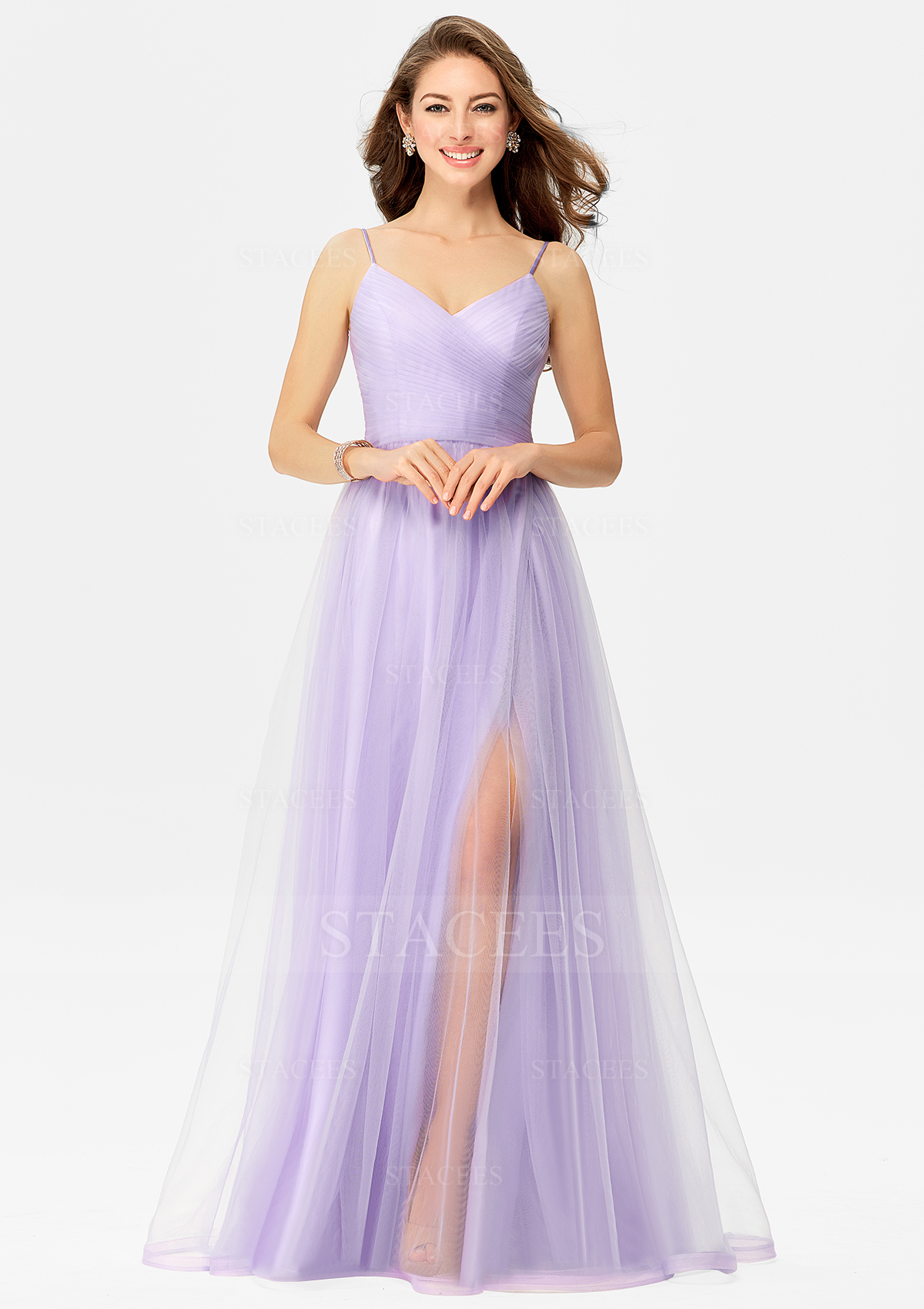 Lavender A-line V Neck Sleeveless Tulle Long/Floor-Length Prom Dress With Pleated Split - STACEES