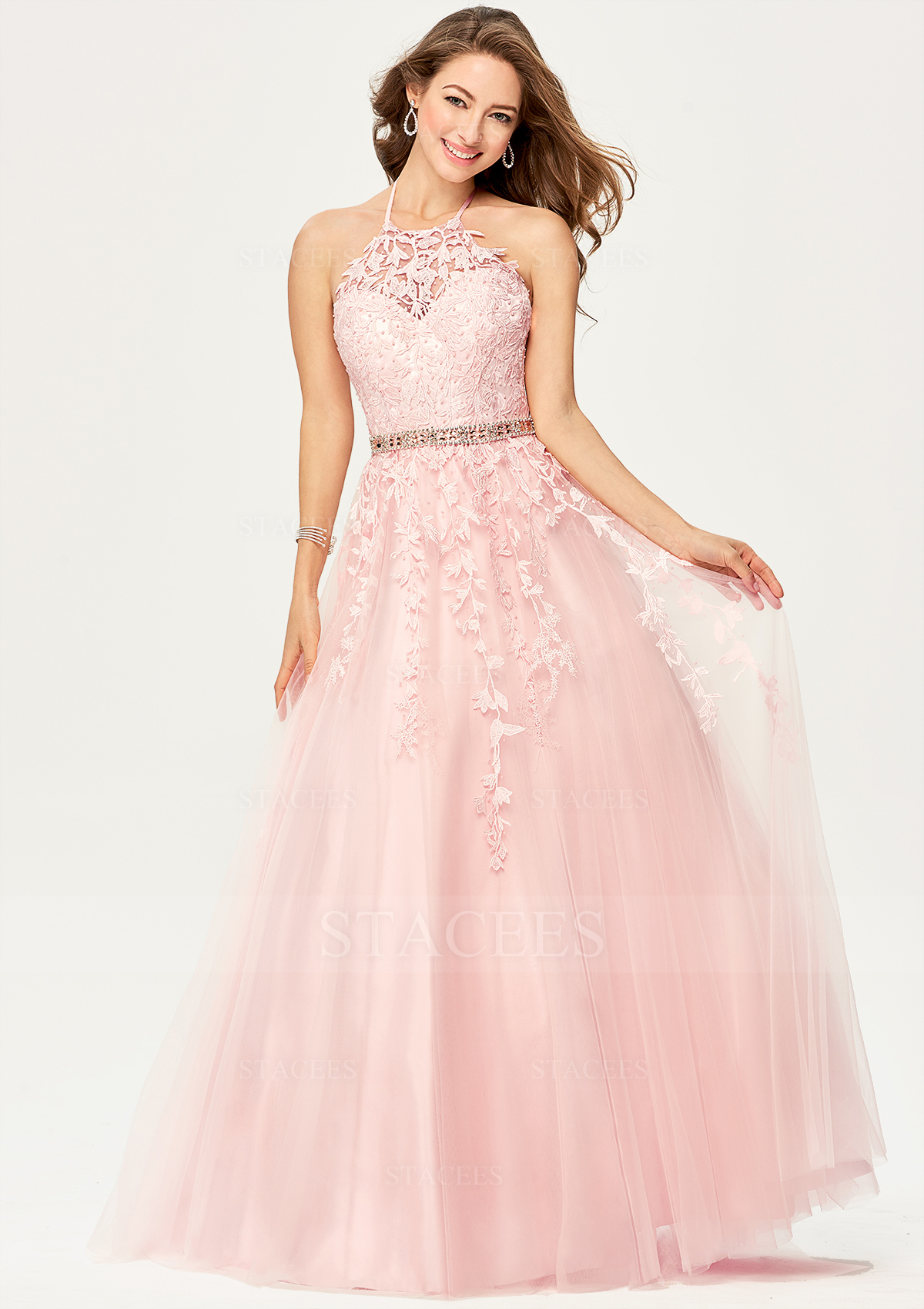 Blushing Pink Princess Ball Gown Halter Sleeveless Tulle Satin Long/Floor-Length Prom Dress With Lace Beading - STACEES